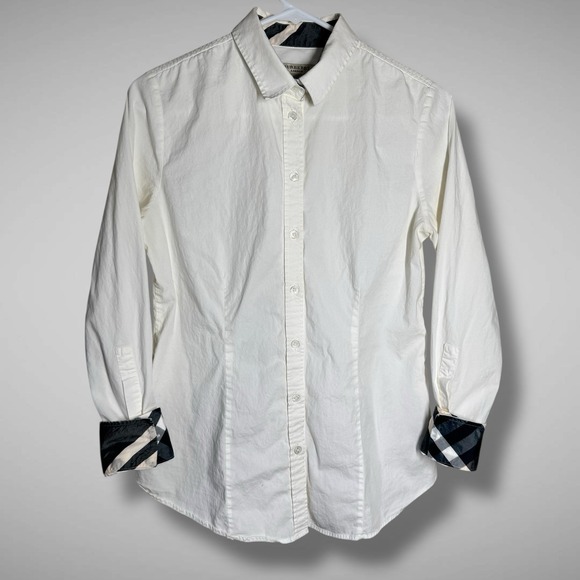 Burberry London Womens Shirt Size 8 Classic White Nova Check 3/4 Slv Button Down - Picture 1 of 14